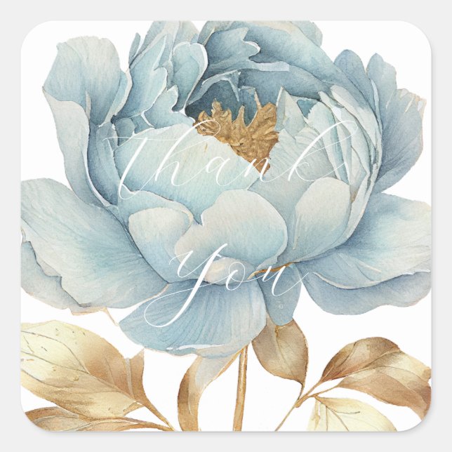 Sticker Carré Fleurs d'or bleu romantique merci (Devant)