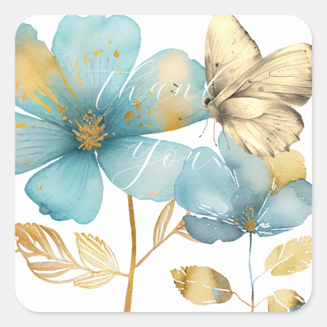 Sticker Carré Fleurs d'or bleu romantique merci (Devant)