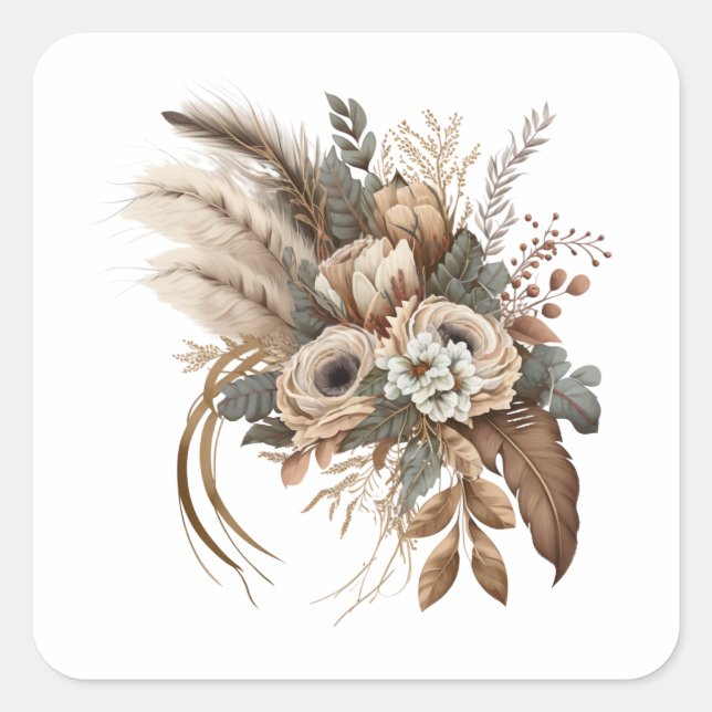 Sticker Carré Fleurs Élégantes Feuillage et plumes (Devant)