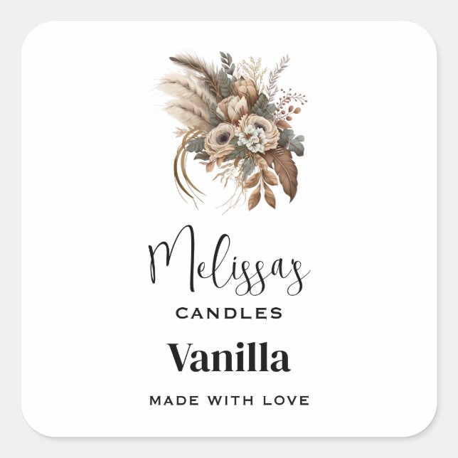 Sticker Carré Fleurs Élégantes Feuillage et plumes Candle Craft (Devant)