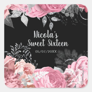 Sticker Carré Fleurs élégantes roses et argent pour Sweet Sixtee