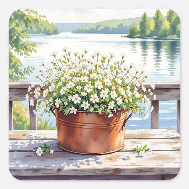 Sticker Carré Fleurs en pot de cuivre sur Lakehouse Deck (Devant)