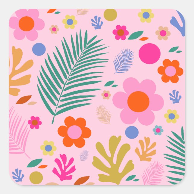 Sticker Carré Fleurs Et Feuilles 02 Rose Floral (Devant)