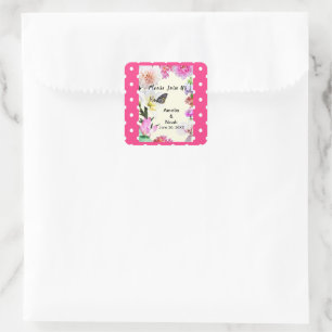 Sticker Carré Fleurs et Mariage d'aquarelle papillon