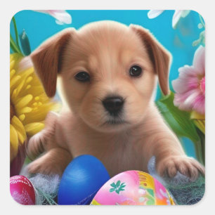 Sticker Carré Fleurs et oeufs de chiot de Pâques
