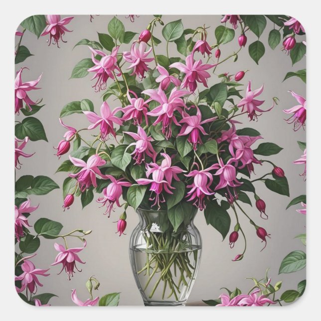 Sticker Carré Fleurs Fuchsias dans le vase (Devant)