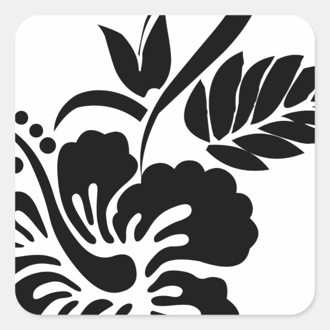 Sticker Carré Fleurs hawaïennes noires et blanches (Devant)