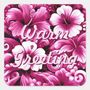 Sticker Carré Fleurs hawaïennes tropicales Hibiscus rose blanc