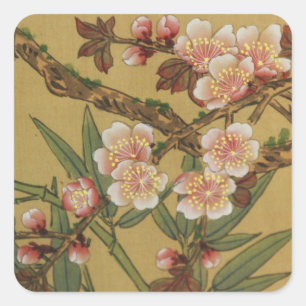 Sticker Carré Fleurs Japonaises Asiatiques Fleur de Cerisier Vin