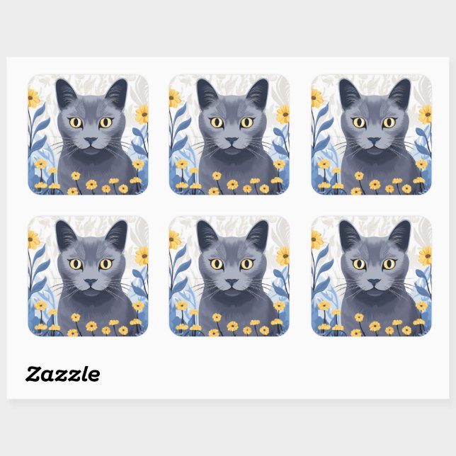 Sticker Carré Fleurs Jaunes Chat Bleu Russe (Feuille)