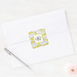 Sticker Carré Fleurs jaunes et grises blanches avec monogramme 