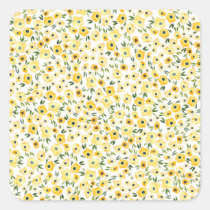Sticker Carré Fleurs Jaunes Minuscules : Aquarelle Sans Couleur.