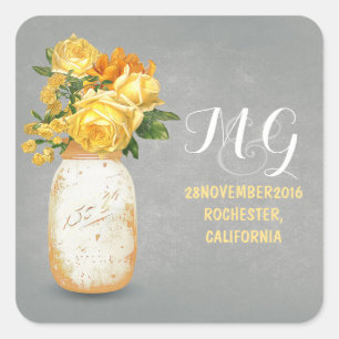 Sticker Carré Fleurs jaunes peintes collants de mariage en pot d