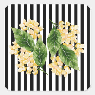 Sticker Carré Fleurs jaunes sur rayures noir et blanc