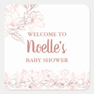 Sticker Carré Fleurs Magnolia roses Élégantes, Baby shower