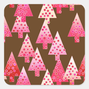 Sticker Carré Fleurs modernes arbres de Noël - corail & brun