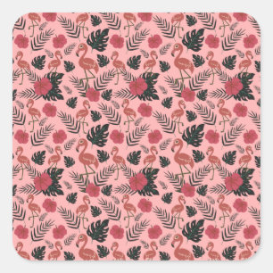 Sticker Carré Fleurs motifs et feuilles flamands roses