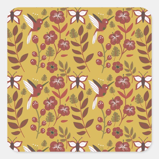 Sticker Carré Fleurs motifs florales sans soudure, papillon, rou (Devant)