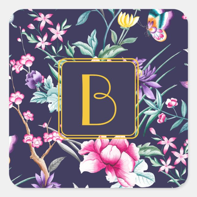 Sticker Carré Fleurs personnalisées avec monogramme (Devant)