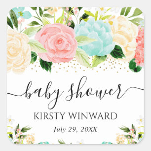Sticker Carré Fleurs Rose et Menthe à l'aquarelle Baby Shower