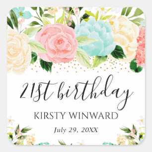 Sticker Carré Fleurs rose et menthe aquarelle pour anniversaire