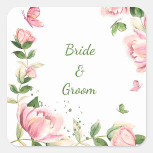 Sticker Carré Fleurs roses chaudes vert feuille papillons mariag