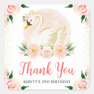 Sticker Carré Fleurs roses et cygne d'anniversaire à l'aquarelle