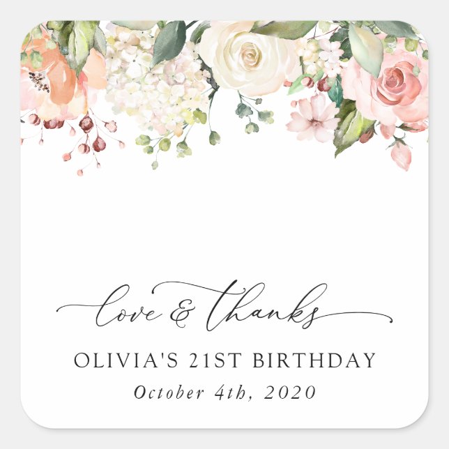 Sticker Carré Fleurs roses, Fleurs blanches, Boho, Anniversaire (Devant)