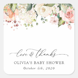 Sticker Carré Fleurs roses, Fleurs blanches, Boho, Baby shower