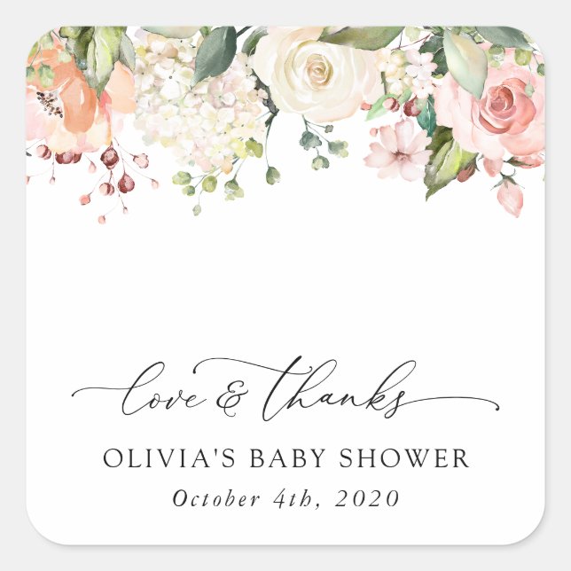 Sticker Carré Fleurs roses, Fleurs blanches, Boho, Baby shower (Devant)