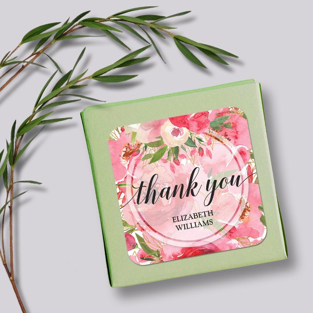 Sticker Carré Fleurs roses Merci (3" square stickers with your name and Thank You on pink and cream peony flowers)