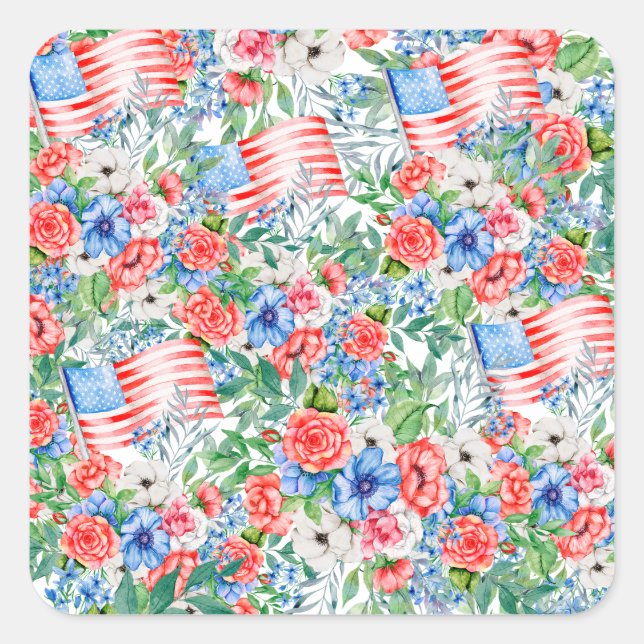 Sticker Carré Fleurs Rouge Blanc Et Bleu 4 juillet Patriotique (Devant)