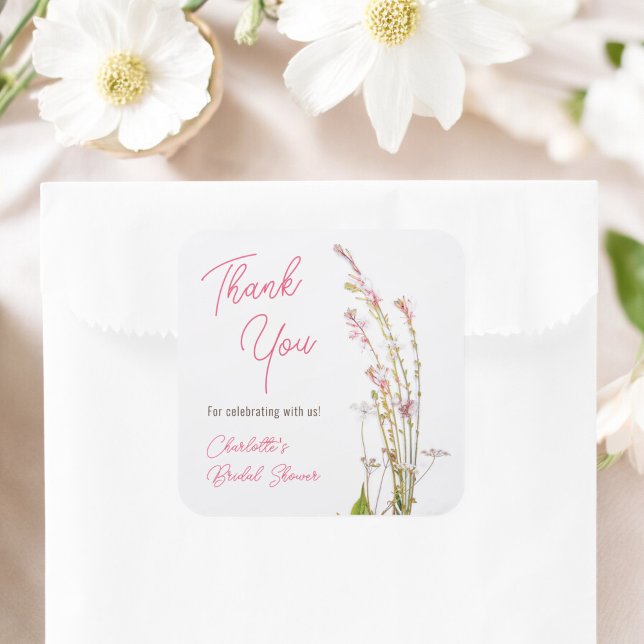 Sticker Carré Fleurs sauvages bohèmes modernes remerciements ent (Modern boho wildflowers thank you bridal shower square sticker)