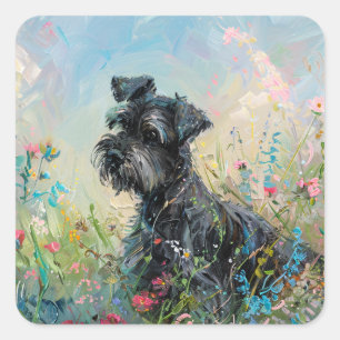 Sticker Carré Fleurs sauvages colorés Schnauzer