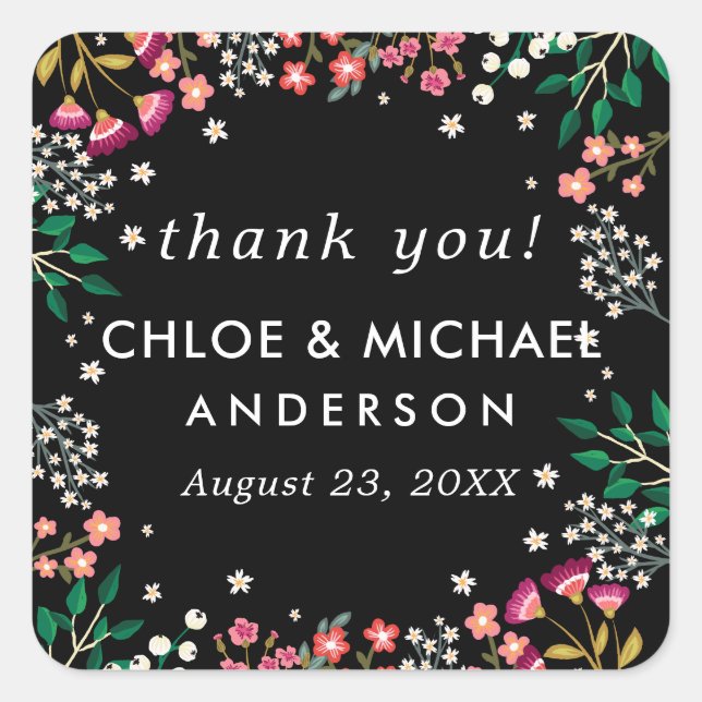 Sticker Carré Fleurs sauvages de minuit - Mariage Boho - Merci (Devant)