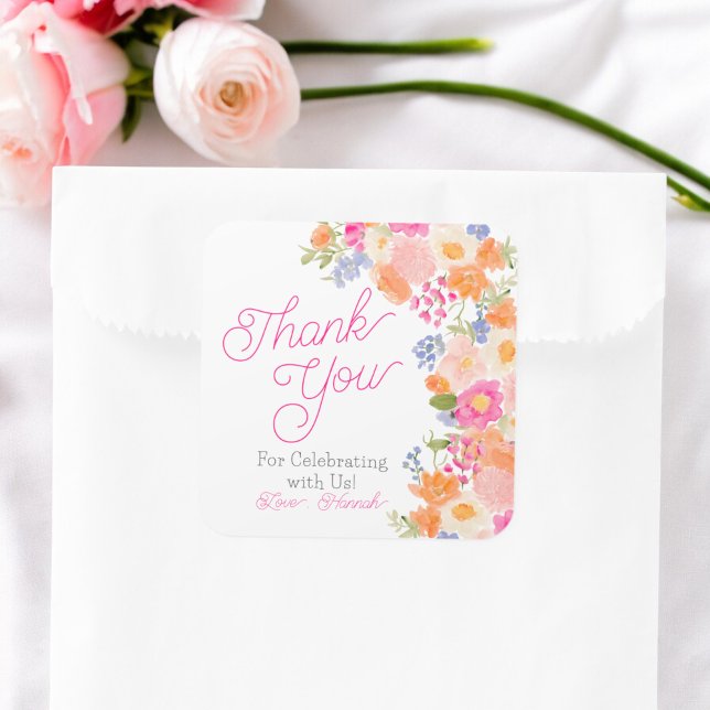 Sticker Carré Fleurs sauvages lumineuses d'été florale remerciem (Bright summer wildflowers floral bridal thank you square sticker)