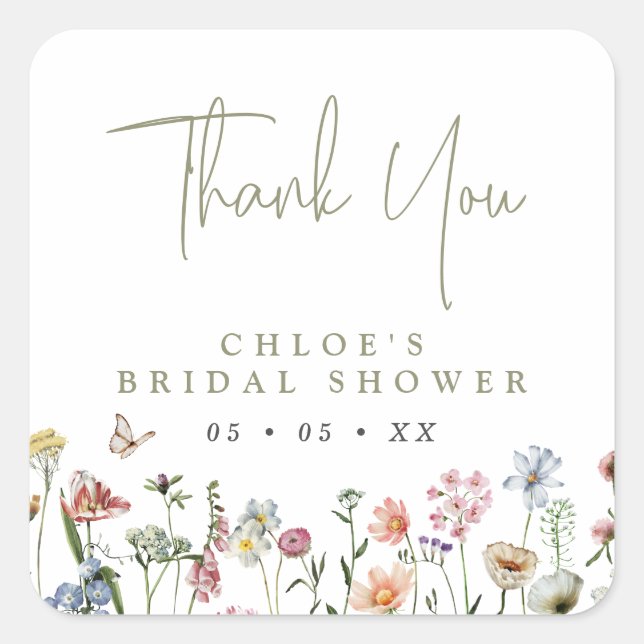 Sticker Carré Fleurs sauvages rustiques Merci de Fête des mariée (Devant)
