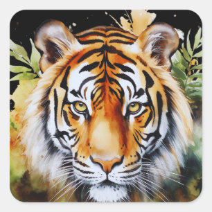 Sticker Carré Fleurs Tiger Pastel Safari Aquarelle Savannah