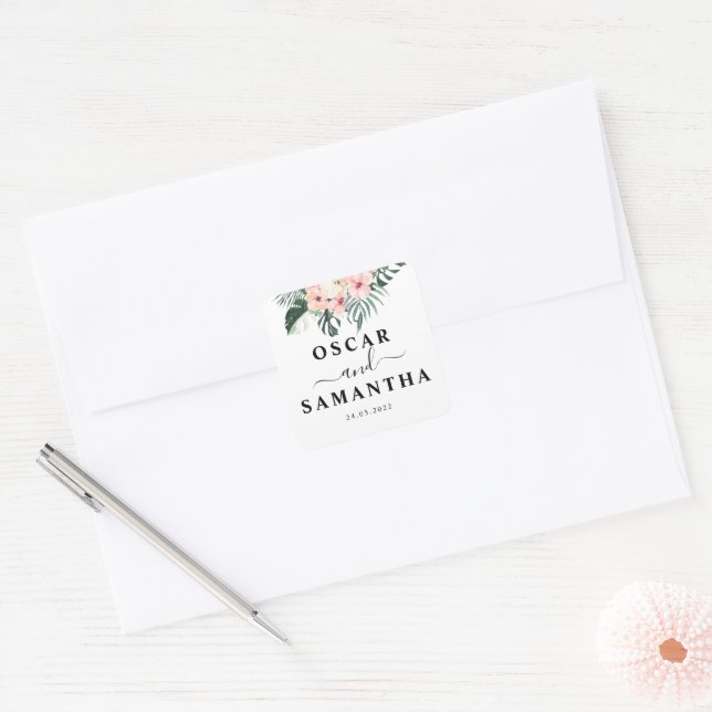 Sticker Carré Fleurs tropicales et beauté Flamant rose rose (Enveloppe)