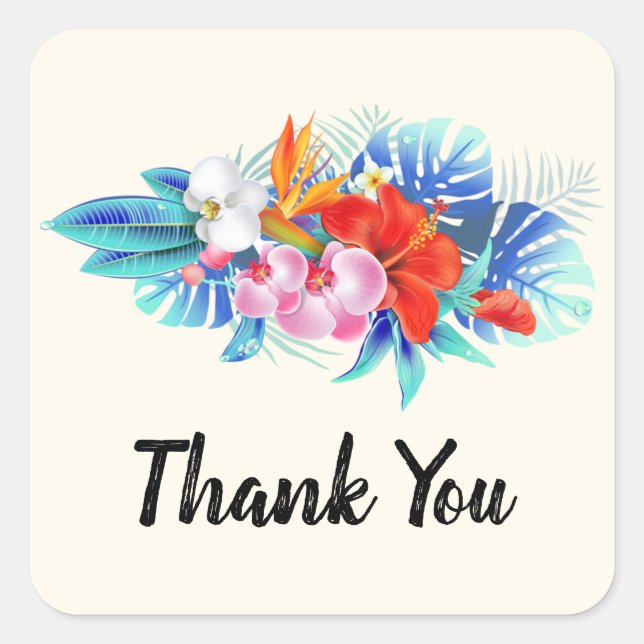 Sticker Carré Fleurs tropicales exotiques - Merci rose et aquati (Devant)
