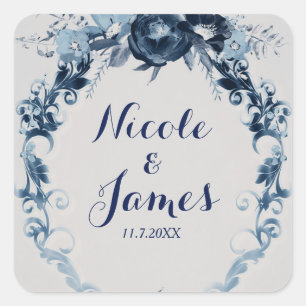 Sticker Carré Fleurs Vintage Bleues Élégant Cadeau de Mariage Fl