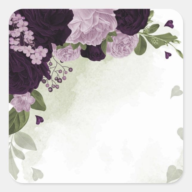 Sticker Carré Fleurs violettes profondes et légères verdure (Devant)