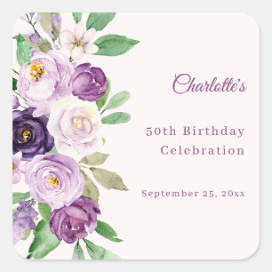 Sticker Carré Fleurs violettes roses pour anniversaire