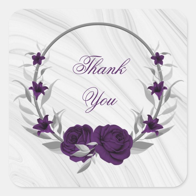 Sticker Carré fleurs violettes royales marbre feuille argent (Devant)
