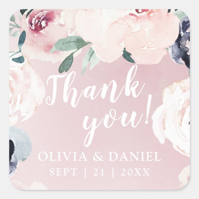 Sticker Carré Floraison botanique blush floral Mariage Merci (Devant)
