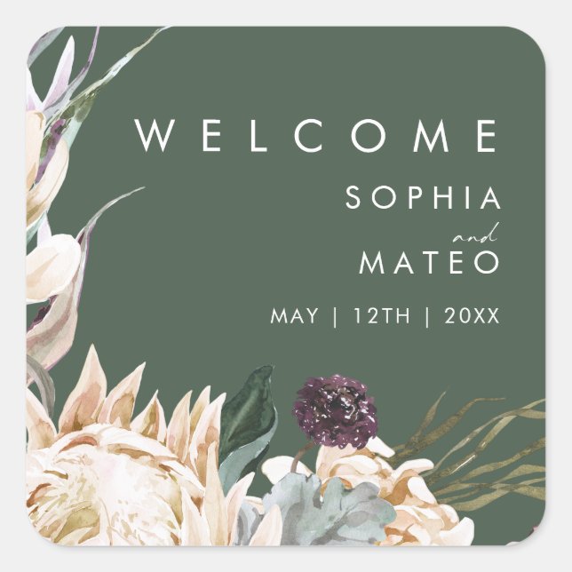 Sticker Carré Floral blanc | Accueil Mariage vert foncé (Devant)