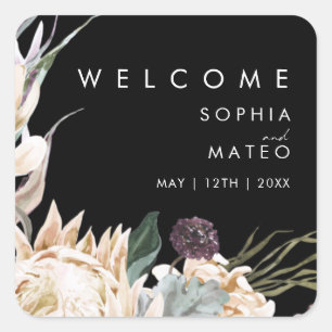 Sticker Carré Floral blanc Mariage noir Bienvenue