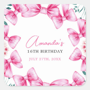 Sticker Carré Floral Bow Coquette Sweet 16 Anniversaire