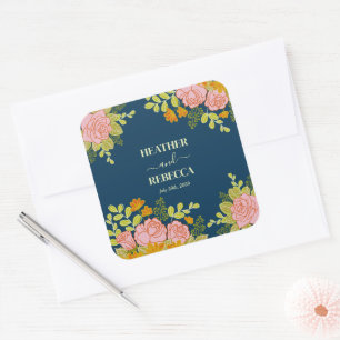 Sticker Carré Floral Dark Navy bleu Mariage Botanique Cadeau