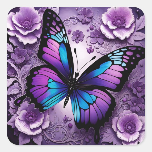 Sticker Carré Floral de papillon pourpre (Devant)
